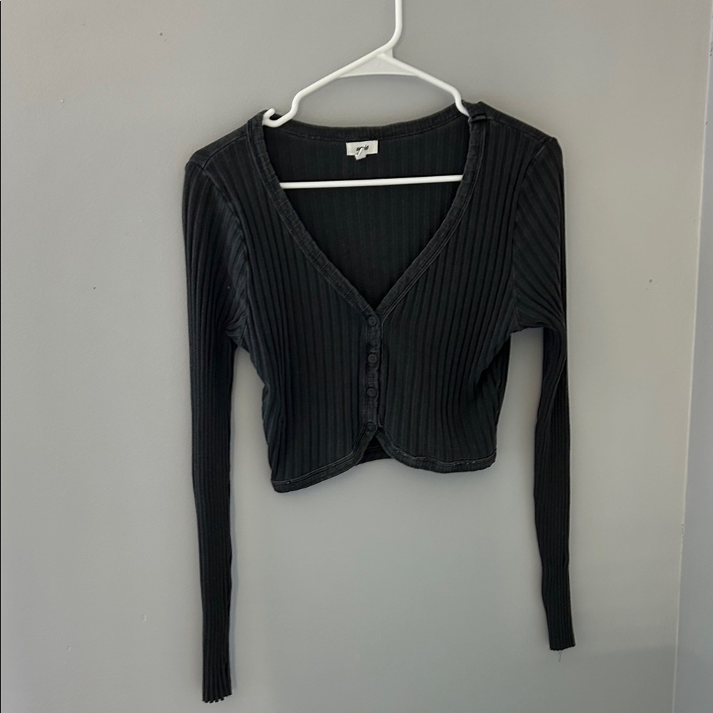 aerie Black Ribbed Button-Front Cropped Cardigan